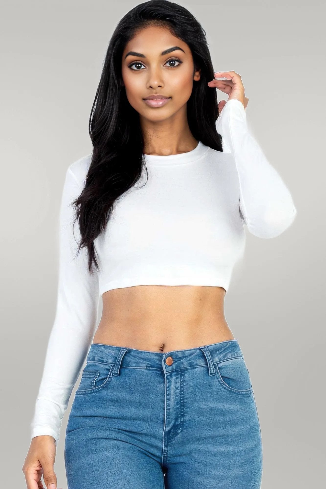 Crew Neck Long Sleeve Cropped Top White
