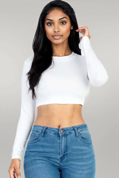Crew Neck Long Sleeve Cropped Top White