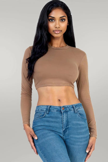 Crew Neck Long Sleeve Cropped Top Coca mocha