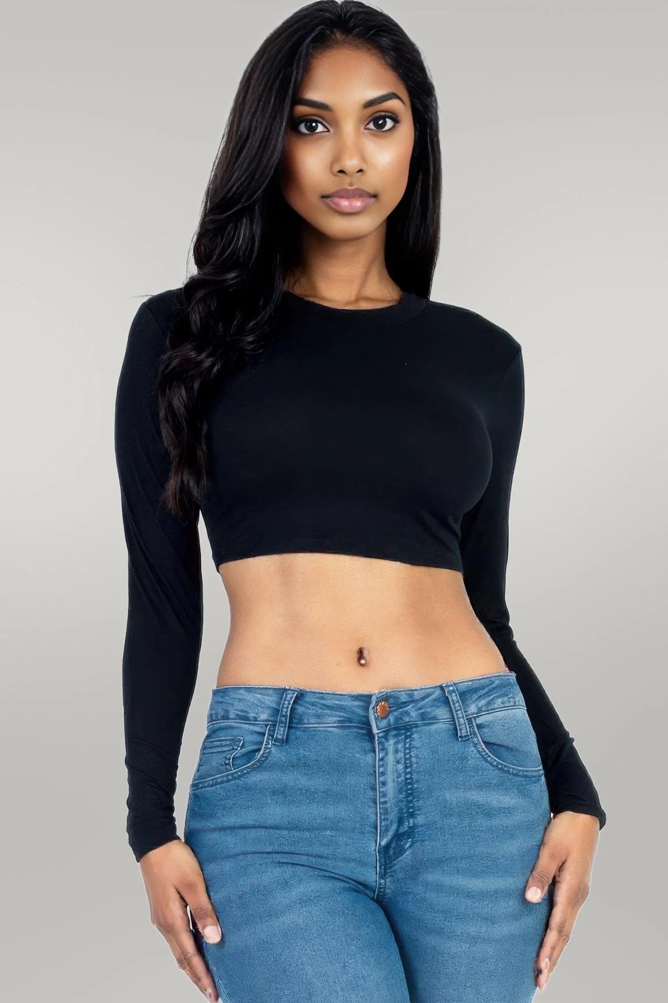 Crew Neck Long Sleeve Cropped Top Black