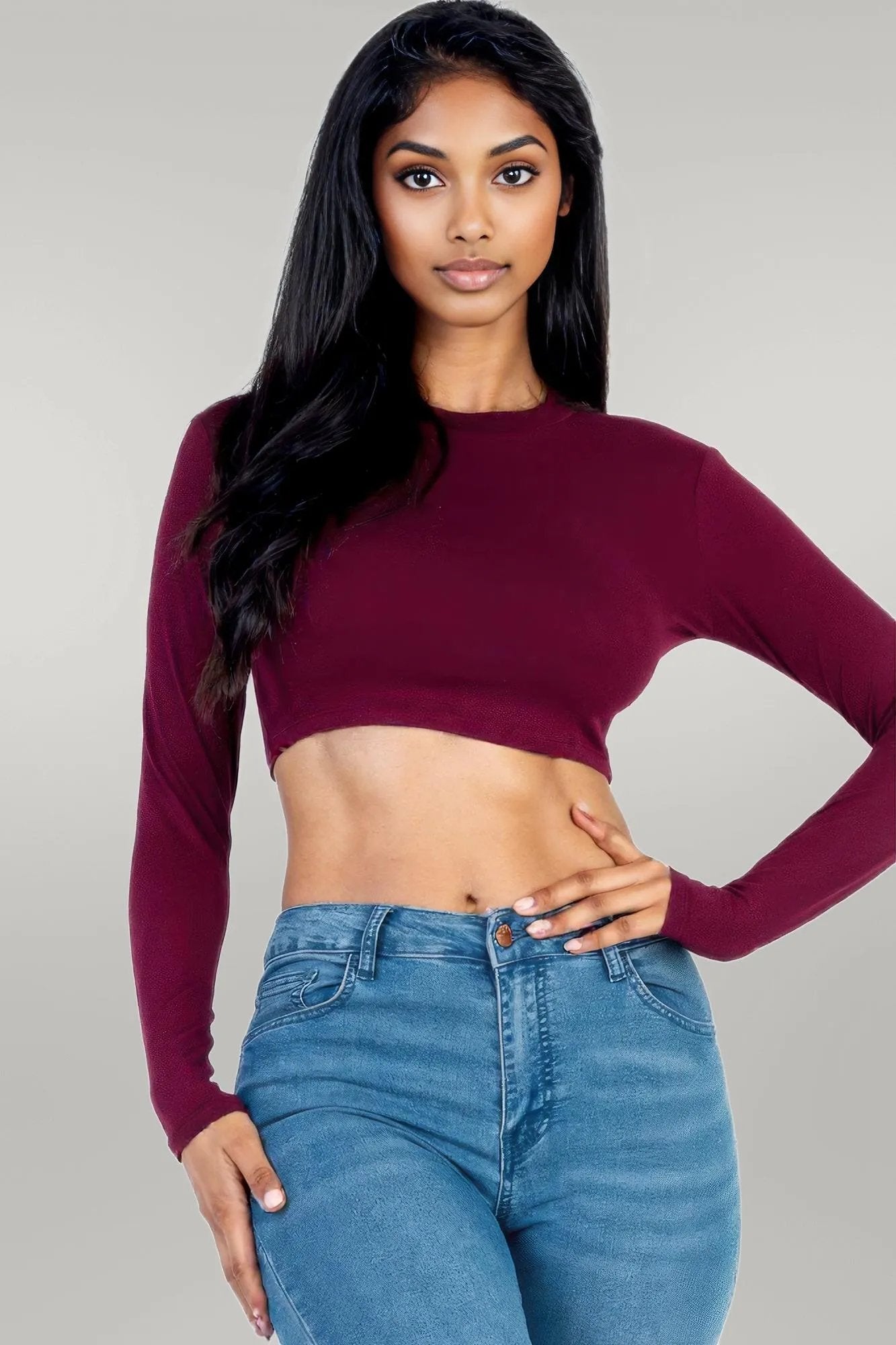 Crew Neck Long Sleeve Cropped Top Burgundy