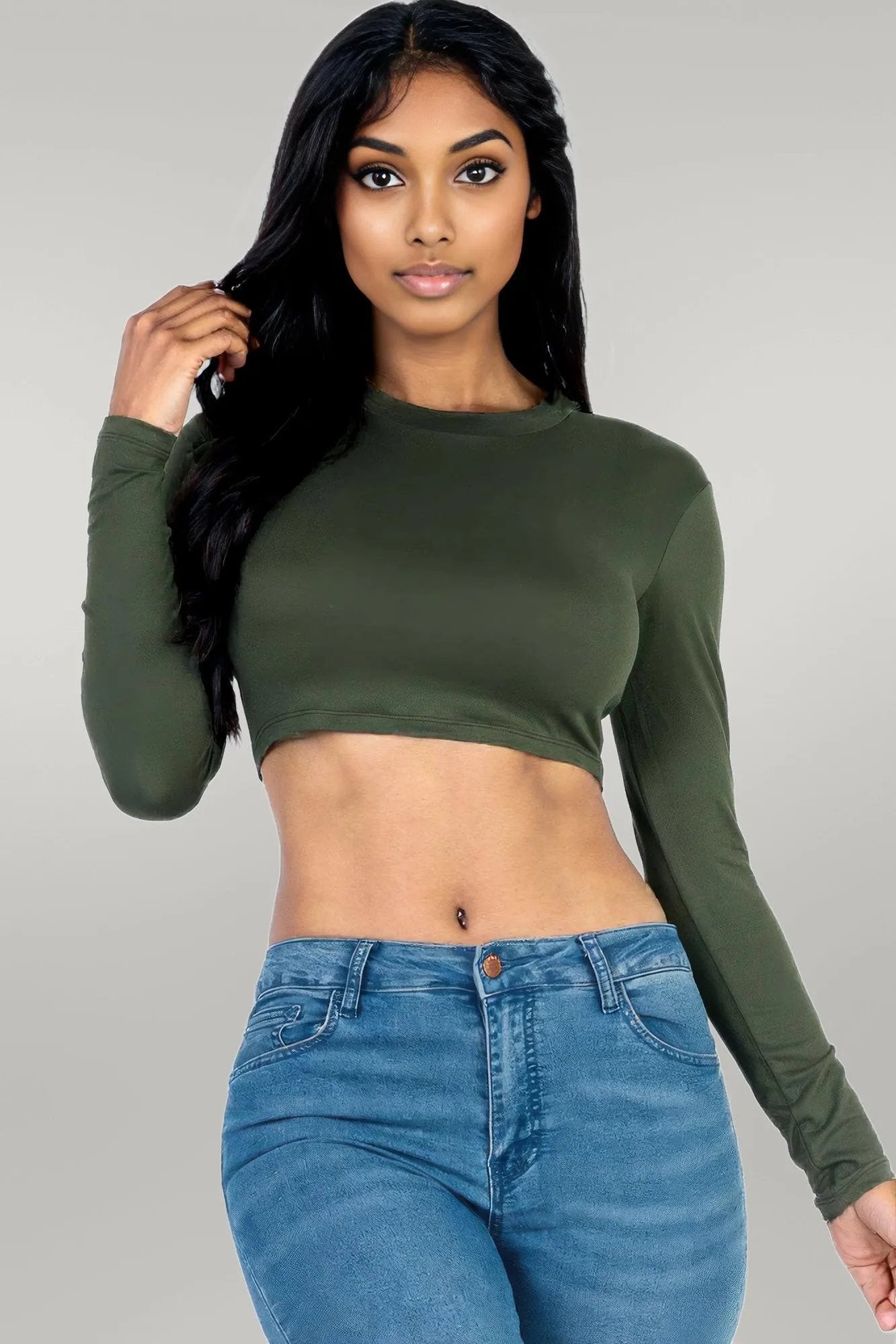 Crew Neck Long Sleeve Cropped Top Olive