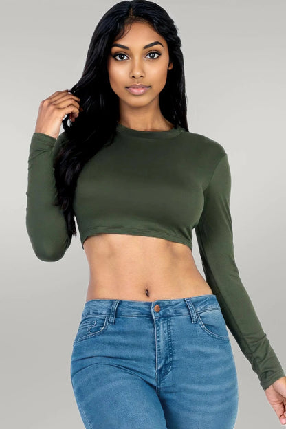 Crew Neck Long Sleeve Cropped Top Olive