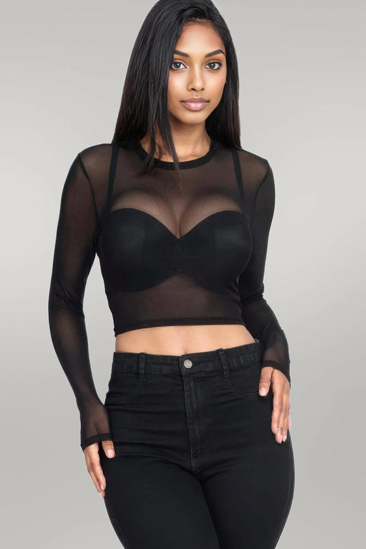 Sexy Sheer Mesh Long Sleeve Crop Top