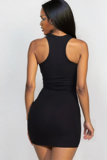 Ribbed Split Neck Tank Mini Dress Black