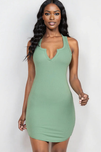 Ribbed Split Neck Tank Mini Dress Green bay