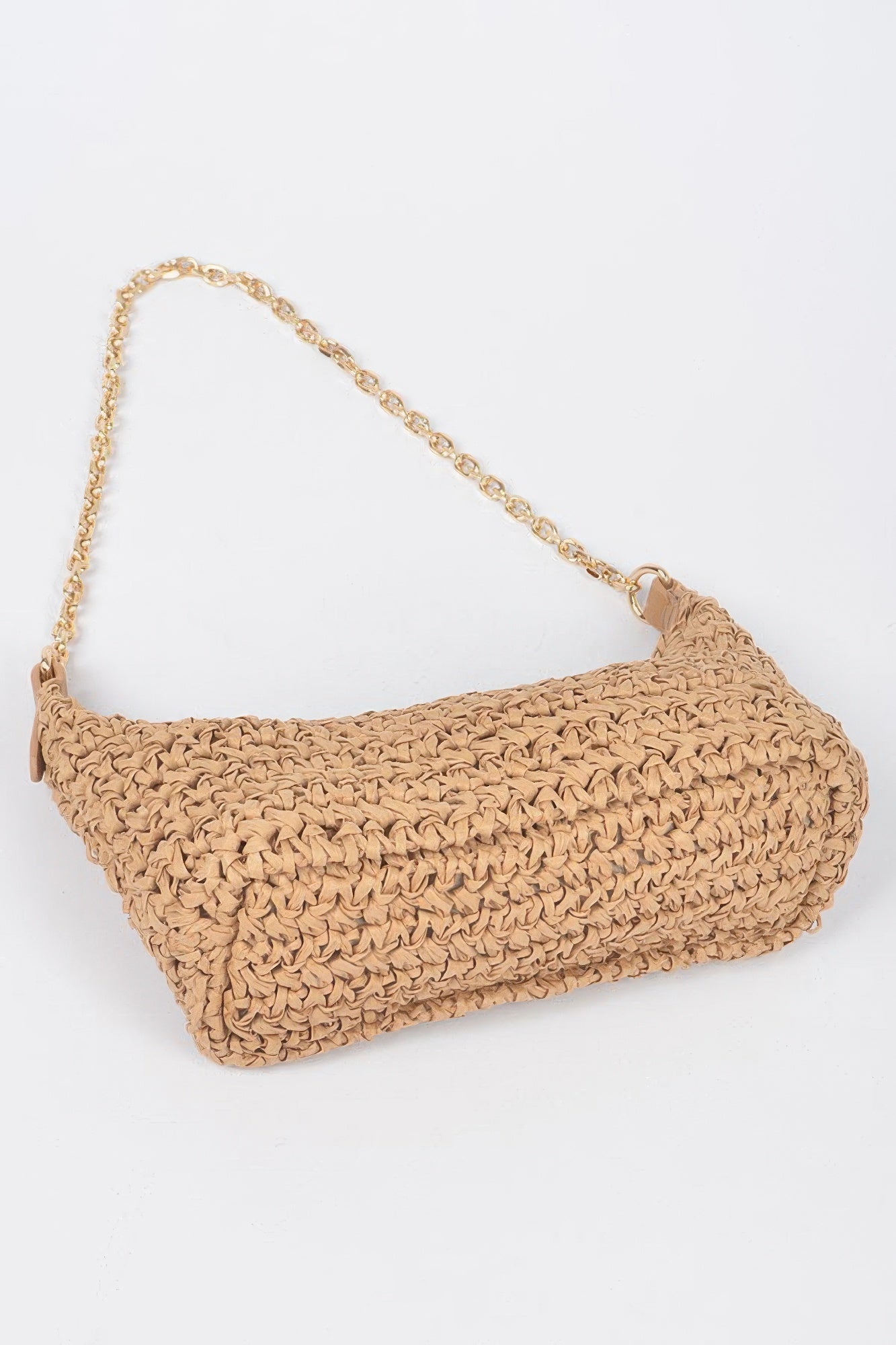 Faux Straw Zip Chain Shoulder Clutch Khaki