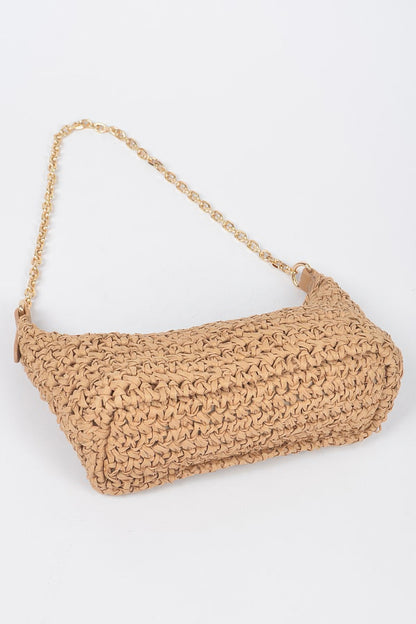 Faux Straw Zip Chain Shoulder Clutch Khaki