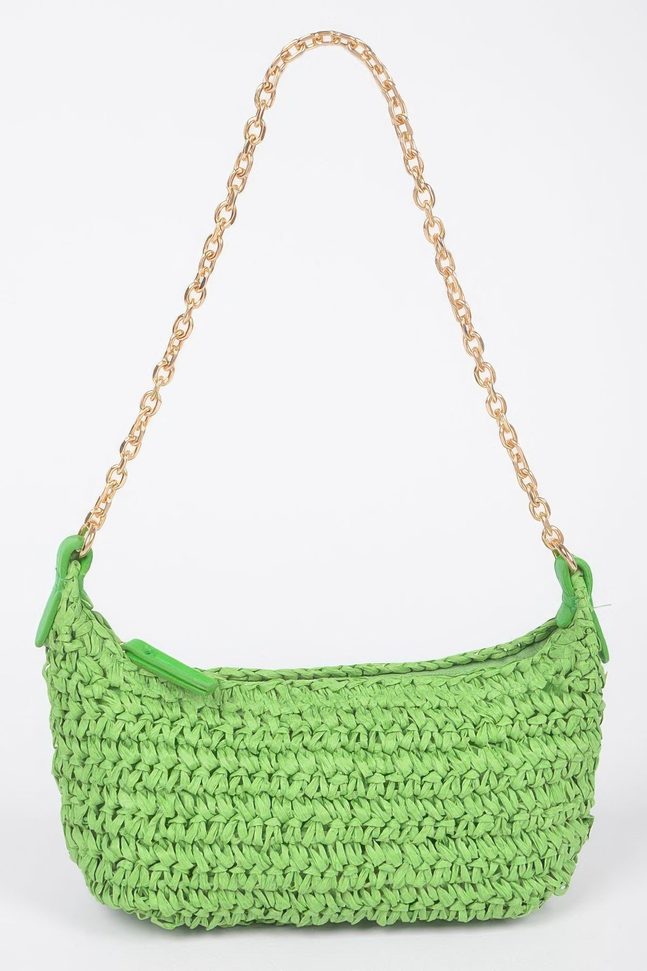 Faux Straw Zip Chain Shoulder Clutch Green