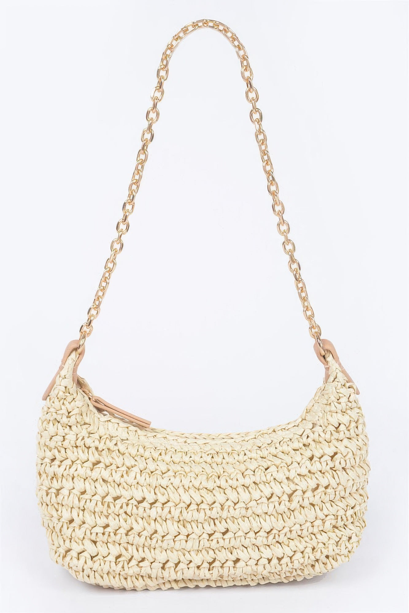 Faux Straw Zip Chain Shoulder Clutch Ivory