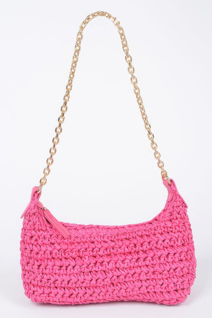 Faux Straw Zip Chain Shoulder Clutch Fuschia