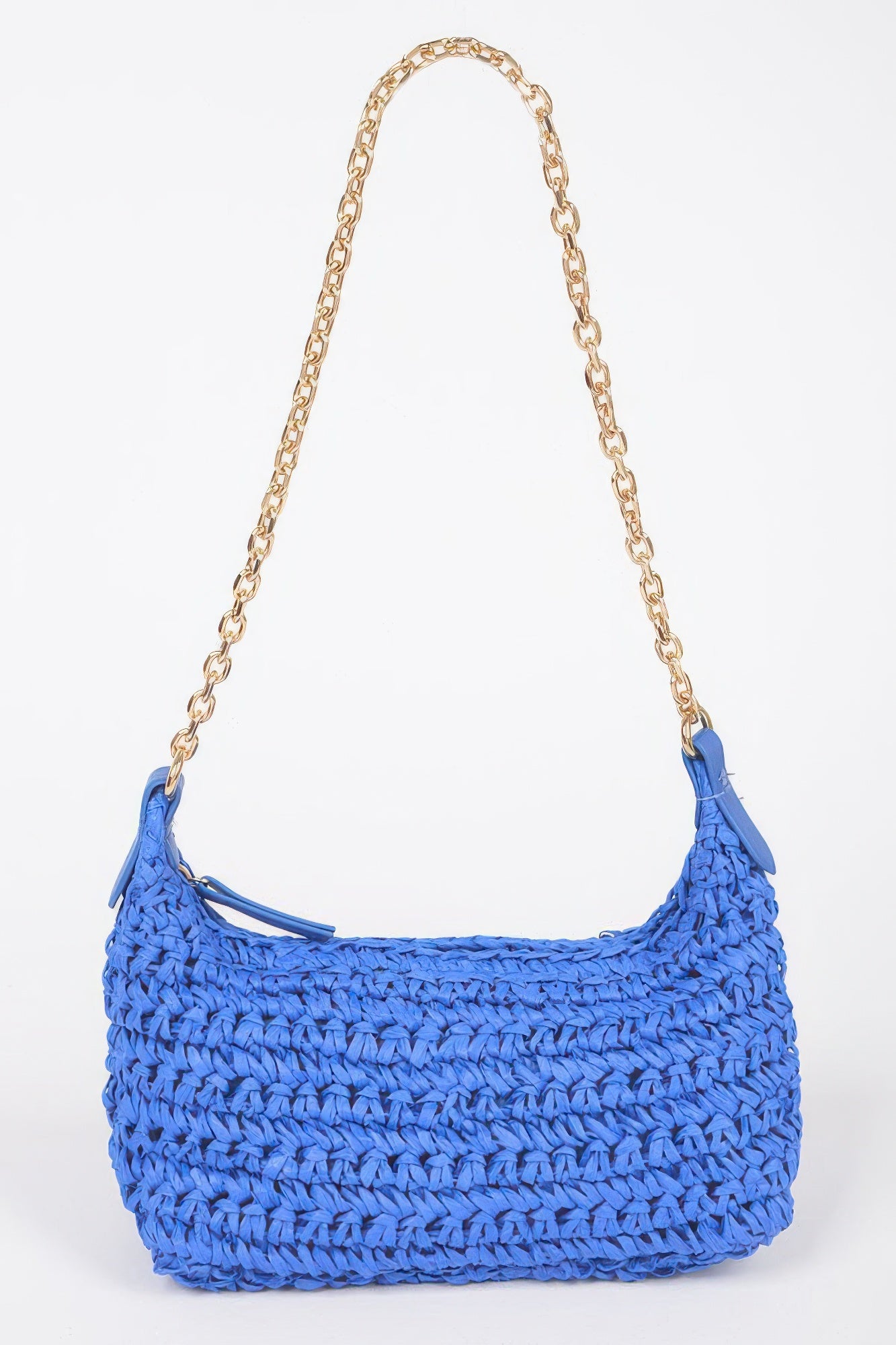 Faux Straw Zip Chain Shoulder Clutch Cobalt