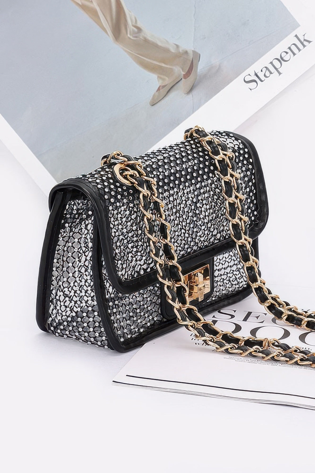 Rhinestone Mesh Flap Shoulder Bag