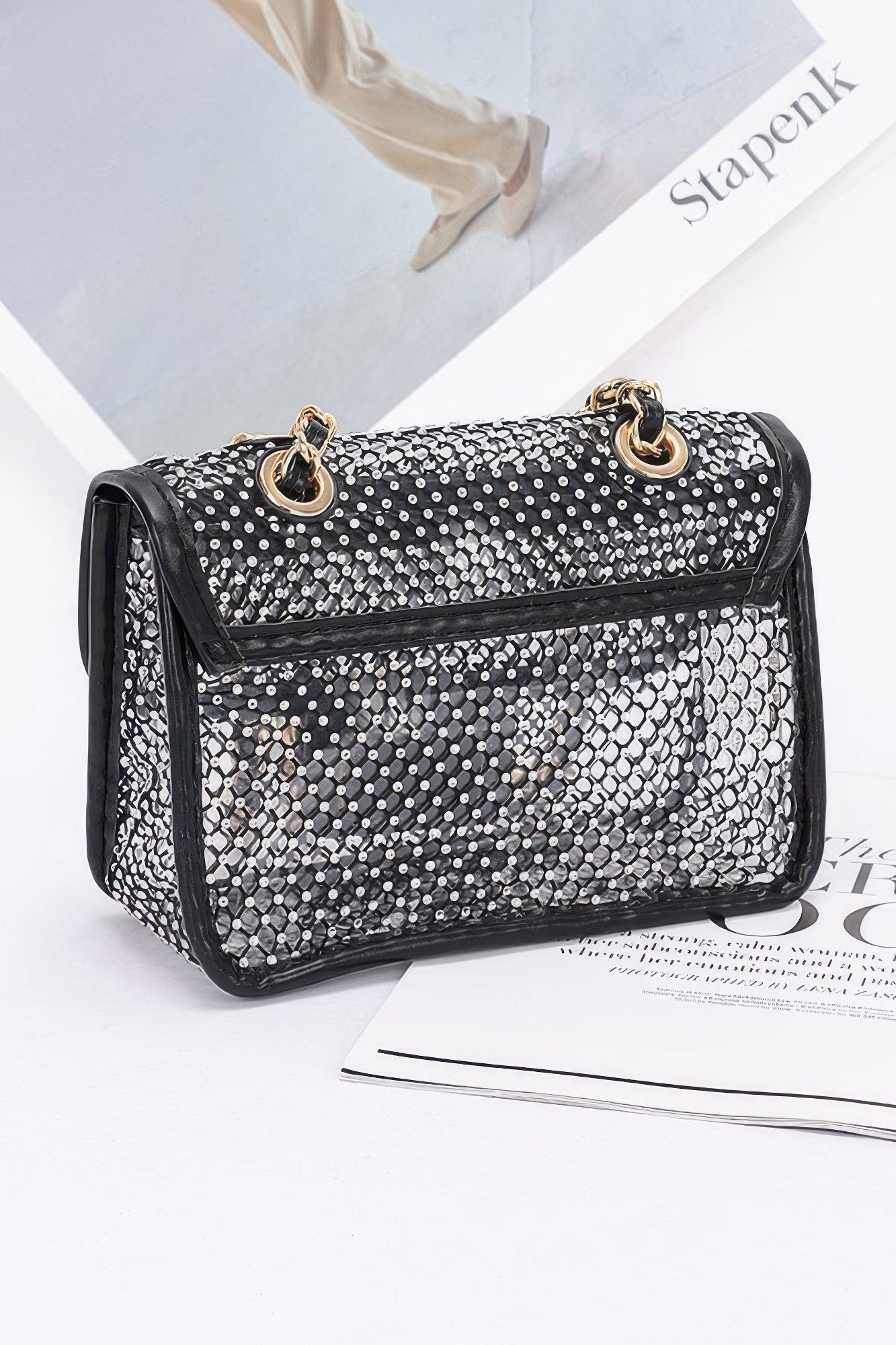 Rhinestone Mesh Flap Shoulder Bag Black gold