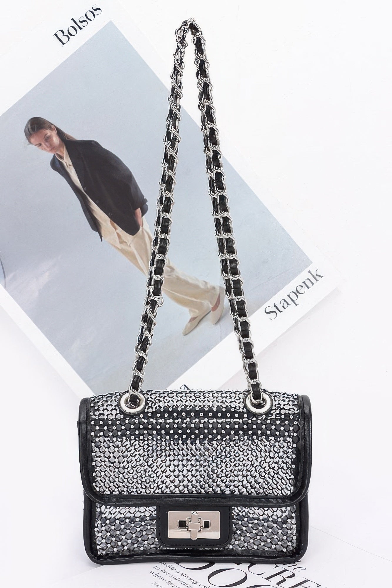 Rhinestone Mesh Flap Shoulder Bag Black silver