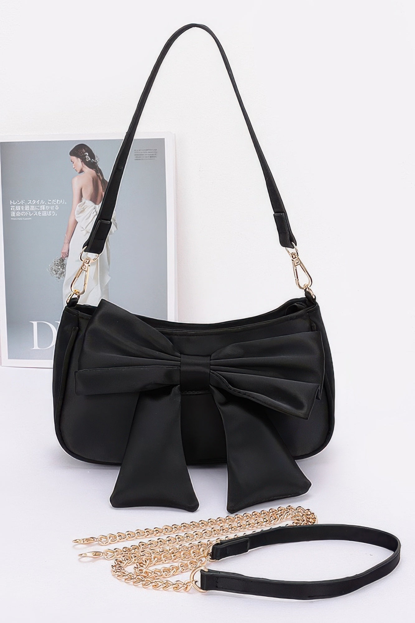 Satin Bow Front Shoulder Bag Black