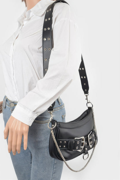 Faux Leather Stud Double Buckles Shoulder Bag