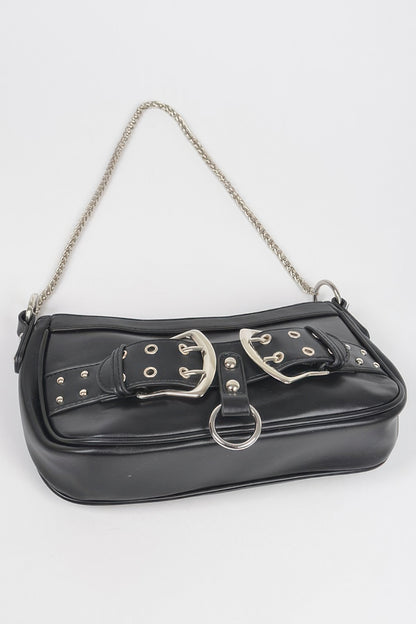 Faux Leather Stud Double Buckles Shoulder Bag Black