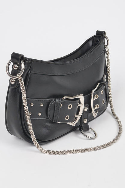 Faux Leather Stud Double Buckles Shoulder Bag