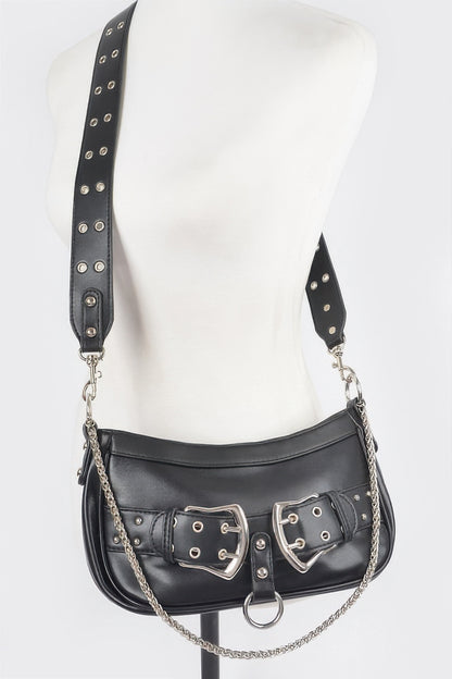 Faux Leather Stud Double Buckles Shoulder Bag