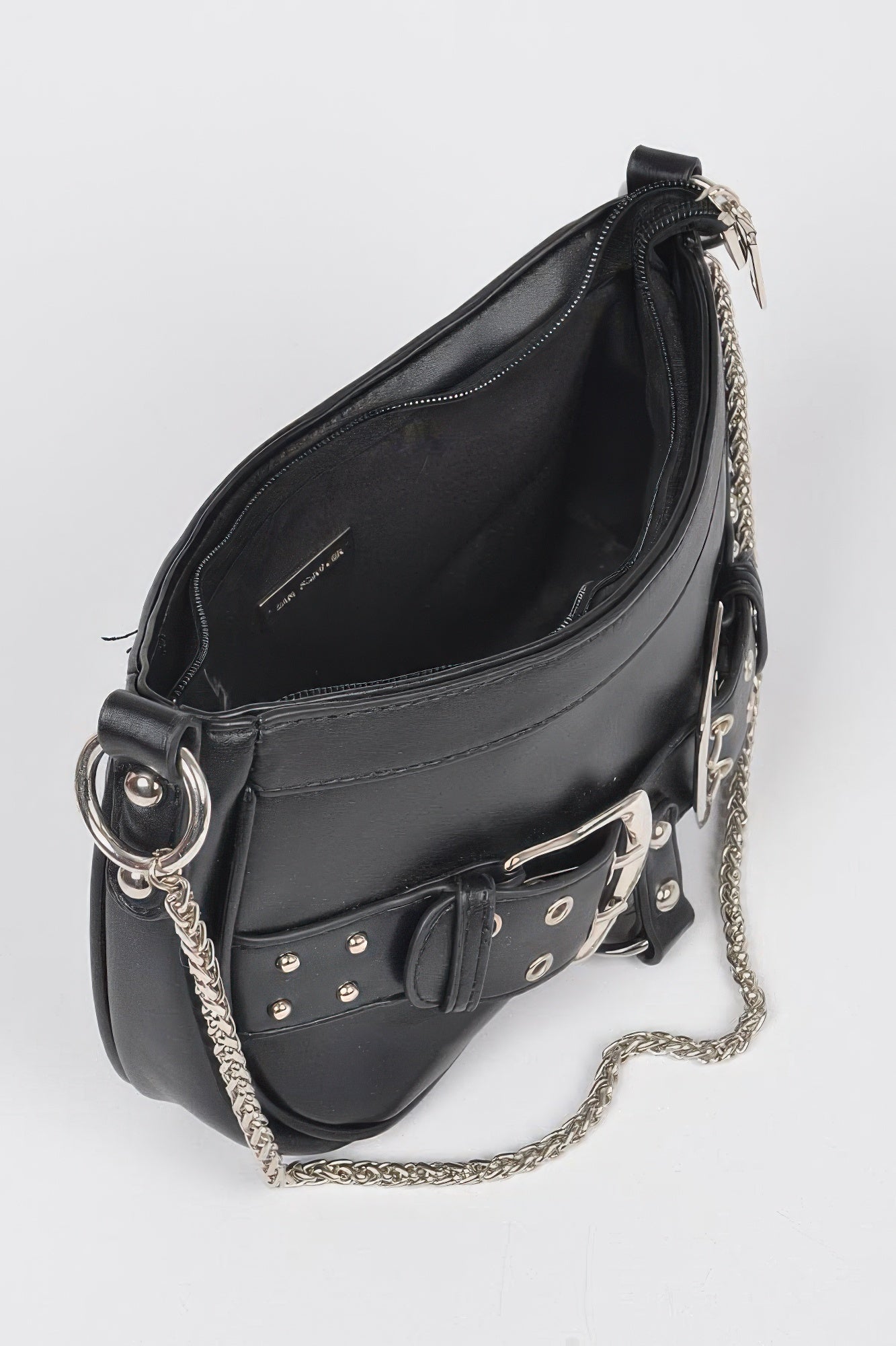 Faux Leather Stud Double Buckles Shoulder Bag