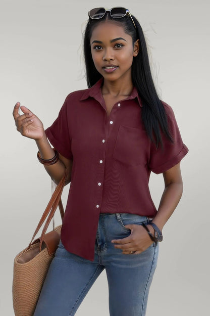 Solid Short Sleeve V Neck Button Down Tunic Shirt