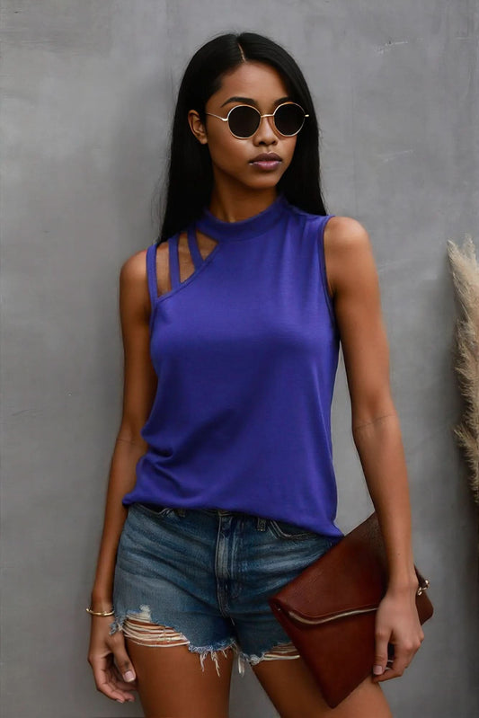Solid Cold Cut Out Shoulder Sleeveless Top Blue