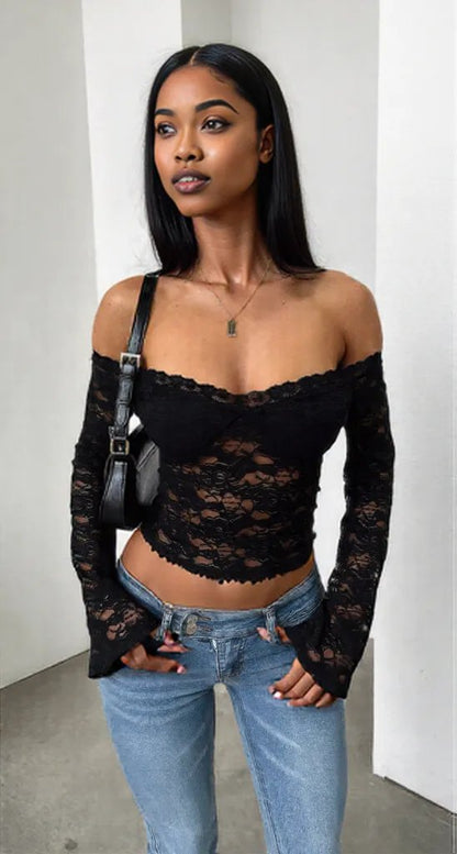Off Shoulder Fitted Sheer Lace Long Sleeve Top Black