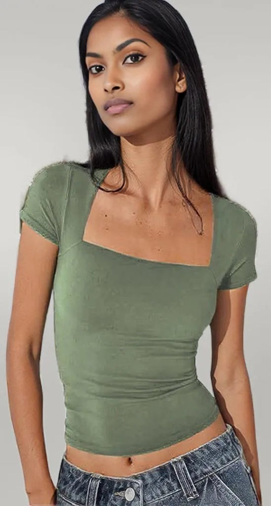 Square Neck Fit Elastic Short Sleeves Shirt