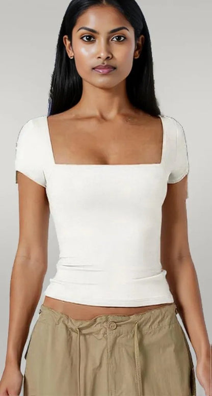 Square Neck Fit Elastic Short Sleeves Shirt