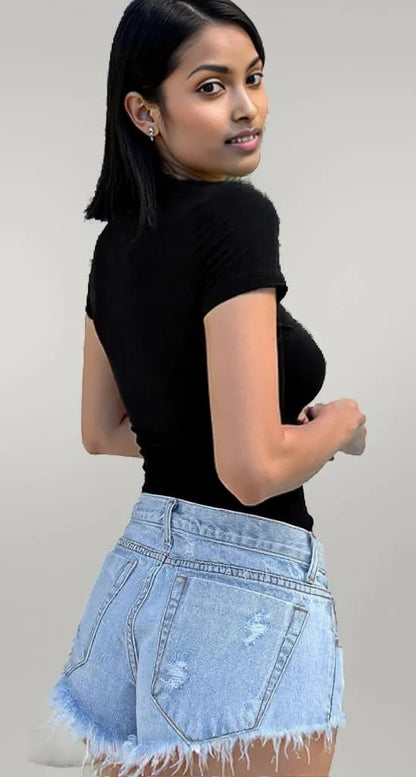 Square Neck Fit Elastic Short Sleeves Shirt