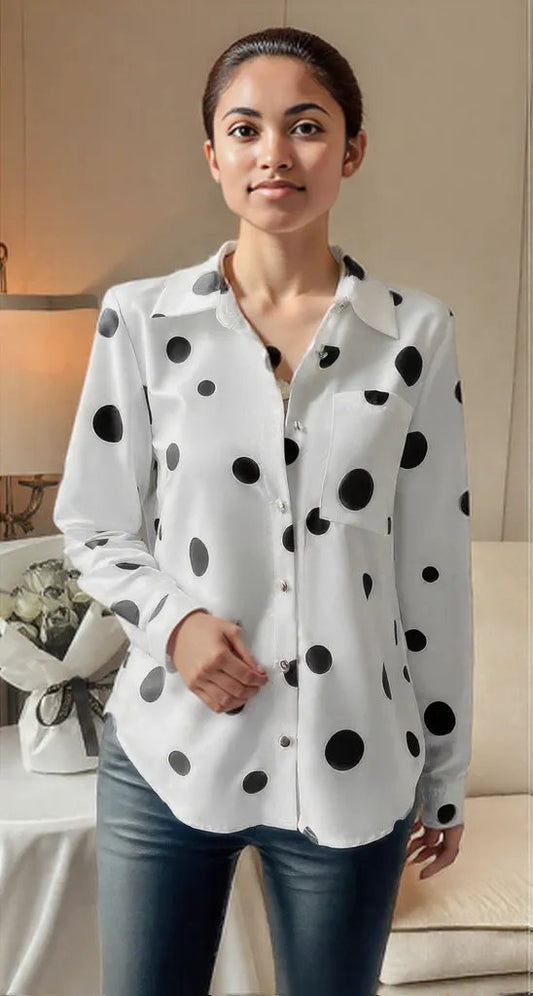 Dot Print Pocket Drop Shoulder Button Blouse