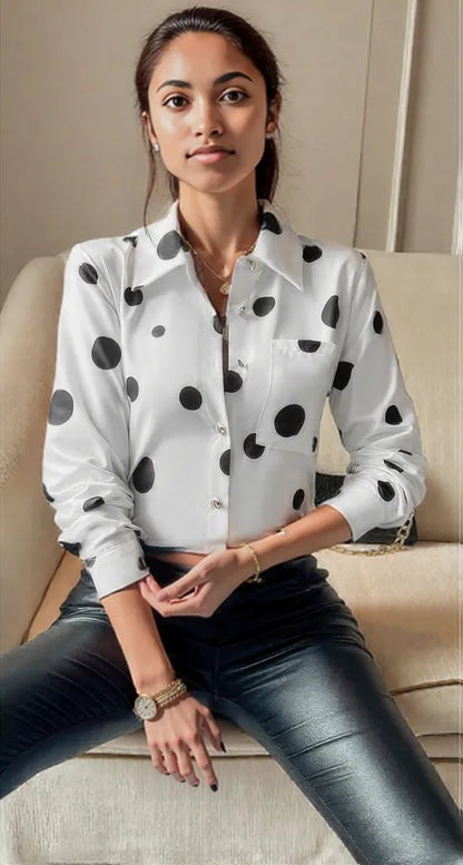 Dot Print Pocket Drop Shoulder Button Blouse