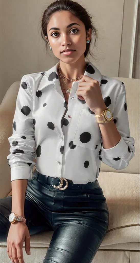 Dot Print Pocket Drop Shoulder Button Blouse