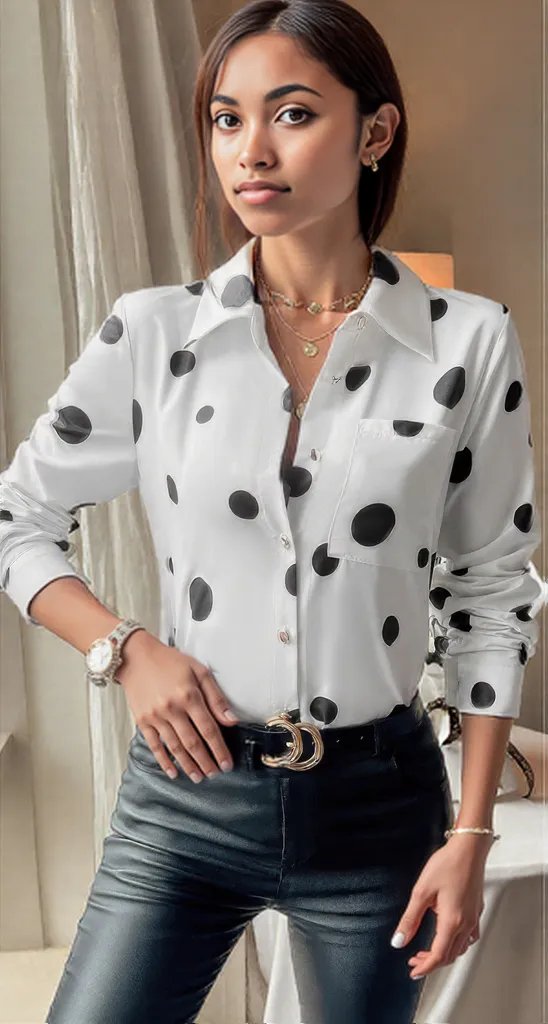 Dot Print Pocket Drop Shoulder Button Blouse White