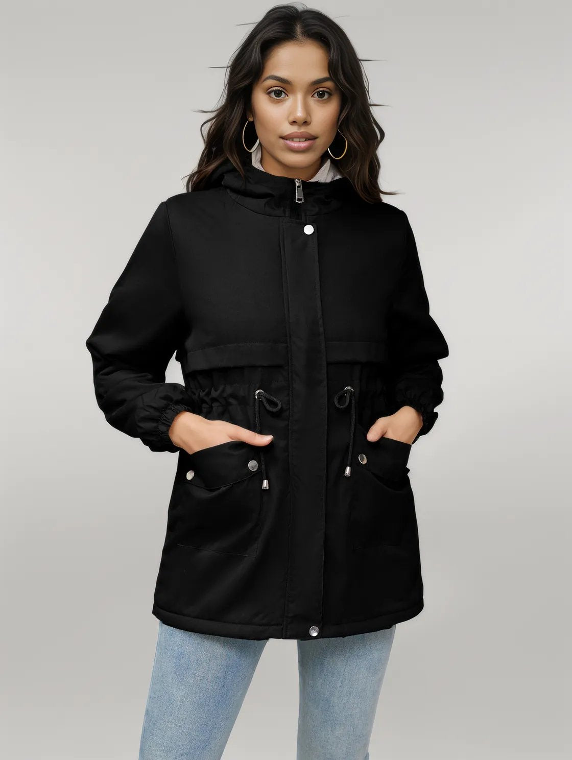 Drawstring Long Sleeve Hooded Jacket