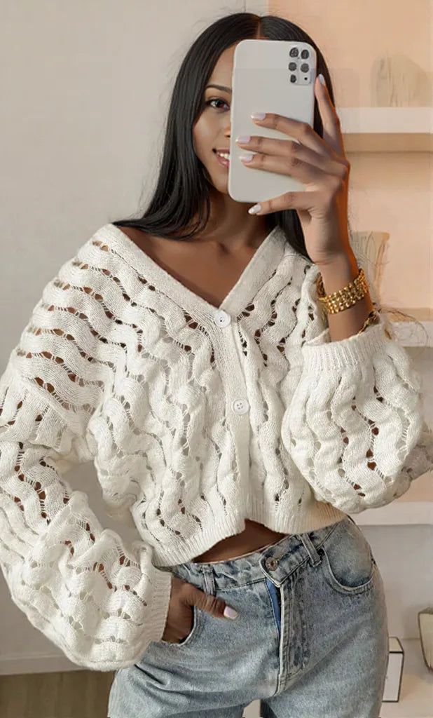 Openwork Button Up V-Neck Cardigan White