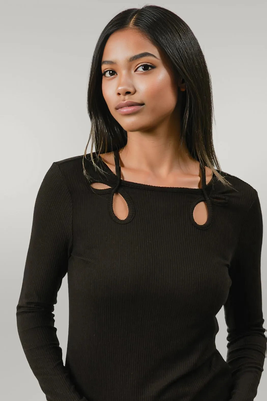 BiBi Rib Knit With Cut Out and Tied Neck Detailed Top