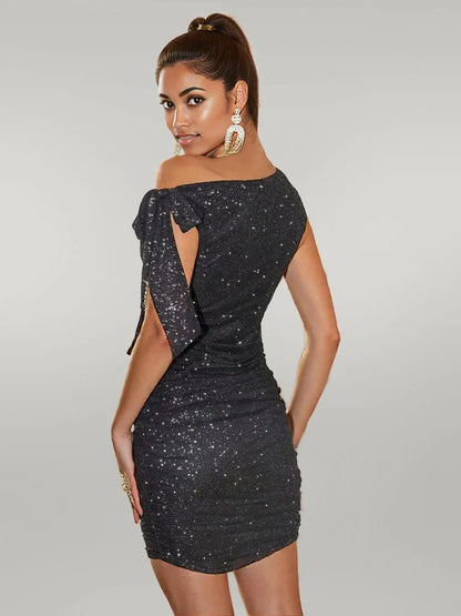 Glitter Tied One Shoulder Mini Dress