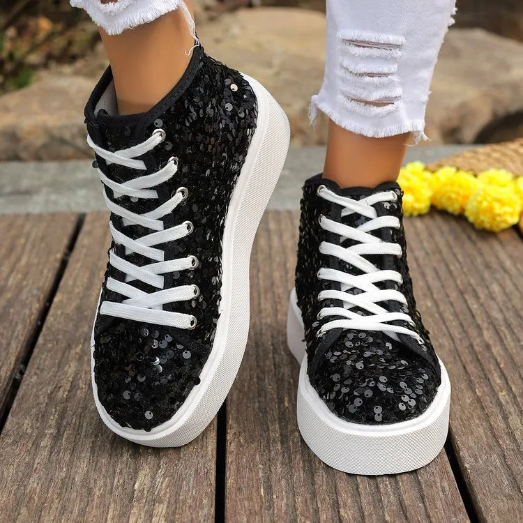 Sequin Round Toe Platform Sneakers Black