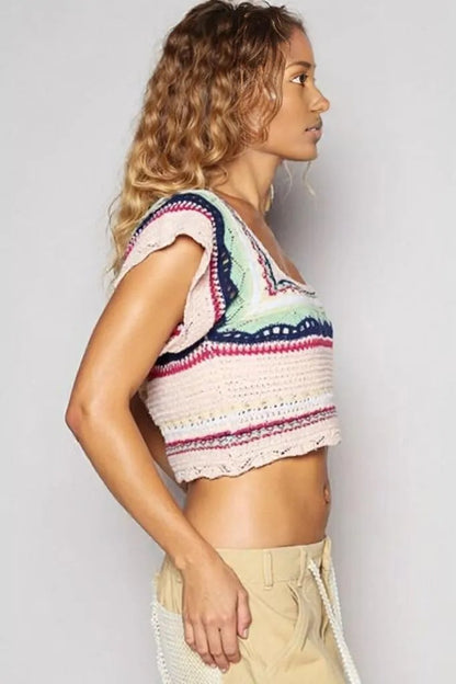 POL Openwork Ethnic Pattern Square Neck Cropped Knit Top
