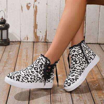 Lace-Up Round Toe Canvas Boots with Side Zip