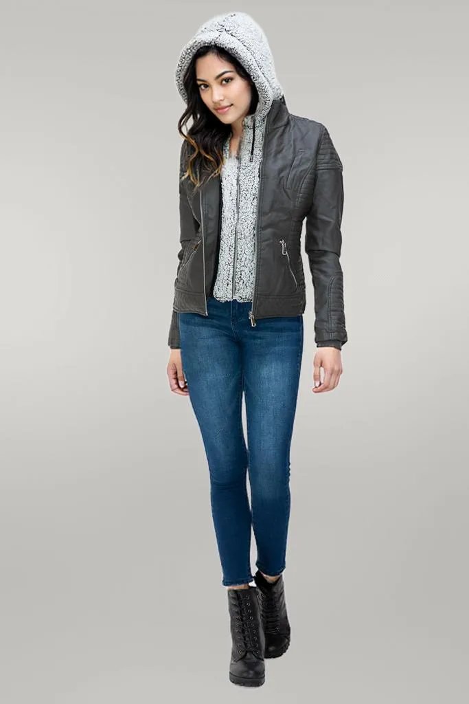 YMI Faux Layered Double-Zipper Jacket with Fuzzy Hood