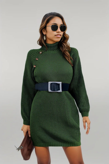 Buttoned Turtleneck Long Sleeve Sweater Dress