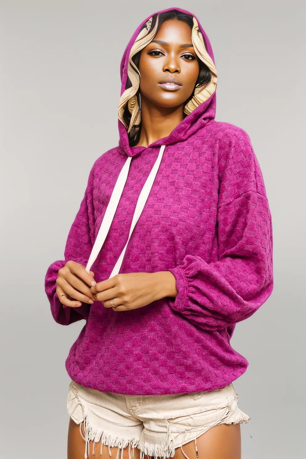 BiBi Brushed Checker Drawstring Long Sleeve Hoodie