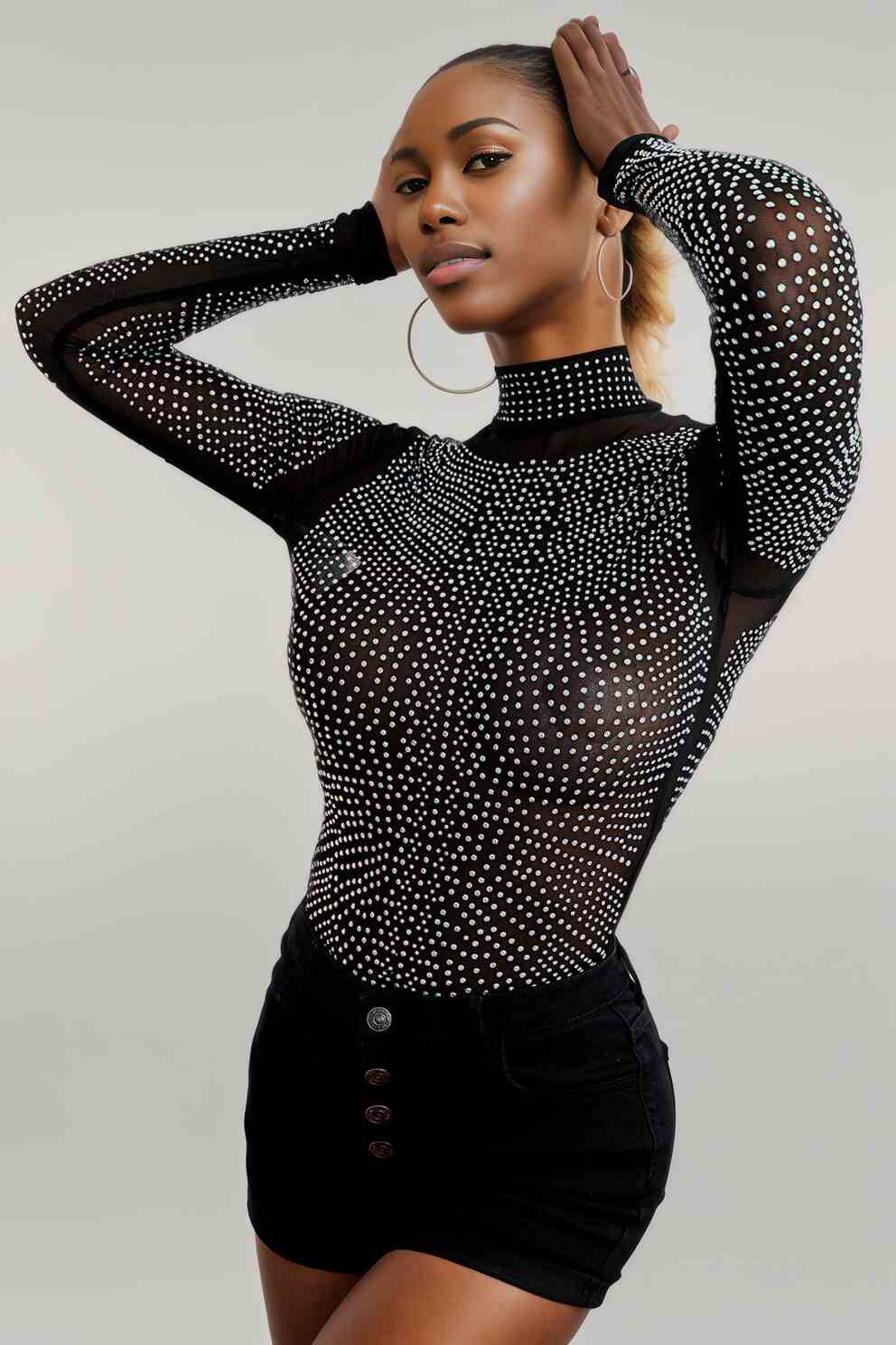 Rhinestone Mock Neck Long Sleeve Bodysuit