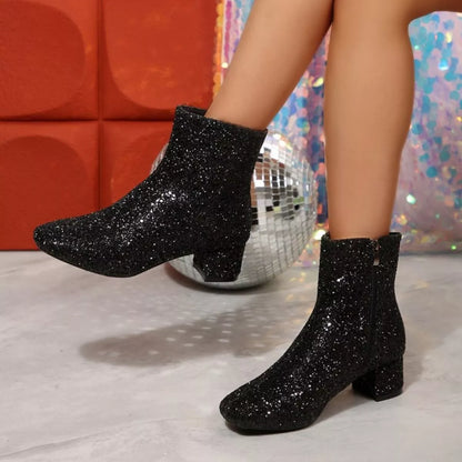 Sequin Block Heels Boots