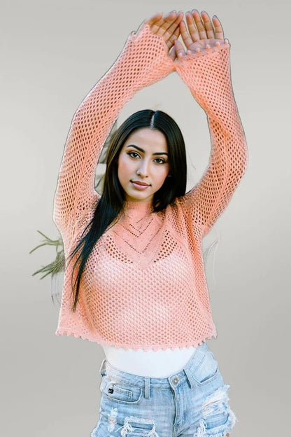 Openwork Round Neck Long Sleeve Knit Top