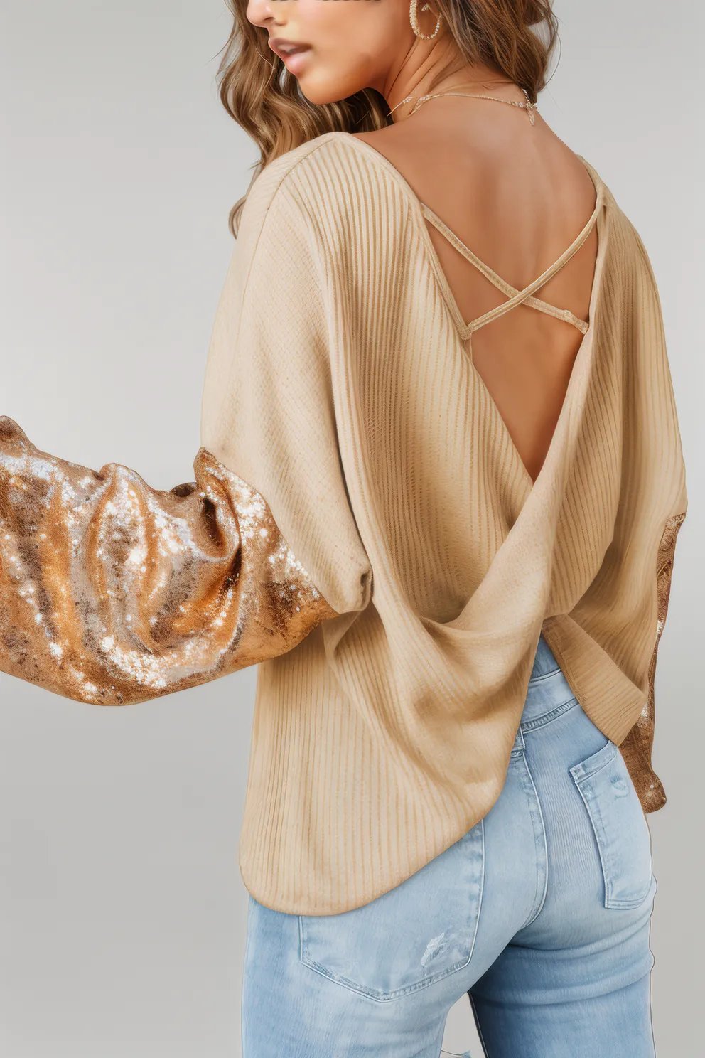 Apricot Sequin Patchwork Sleeve Open Back Waffle Knit Top