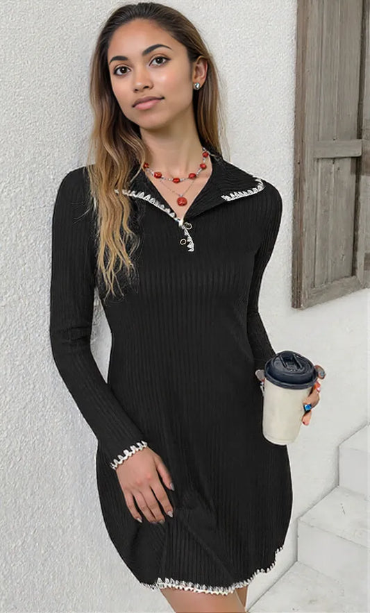 Contrast Trim Texture Long Sleeve Sweater Dress
